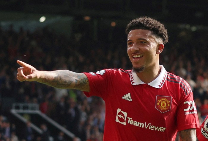 FILE PHOTO: Soccer Football - Premier League - Manchester United v Fulham - Old Trafford, Manchester, Britain - May 28, 2023 Manchester Uniteds Jadon Sancho celebrates scoring their first goal REUTERS/Phil Noble EDITORIAL USE ONLY. No use with unauthorized audio, video, data, fixture lists, club/league logos or live services. Online in-match use limited to 75 images, no video emulation. No use in betting, games or single club /league/player publications.  Please contact your account representative for further details./File Photo