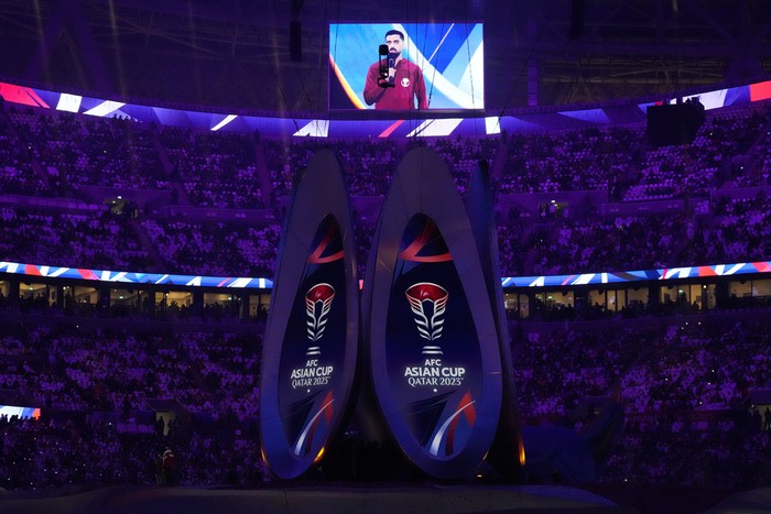 Qatars Hasan Al Haydos addresses the audience during opening ceremony ahead of the Asian Cup Group A soccer match between Qatar and Lebanon at the Lusail Stadium in Lusail, Qatar, Friday, Jan. 12, 2024. (AP Photo/Aijaz Rahi)