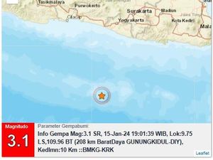 Gempa M 3,1 di Perairan Gunungkidul Malam Ini