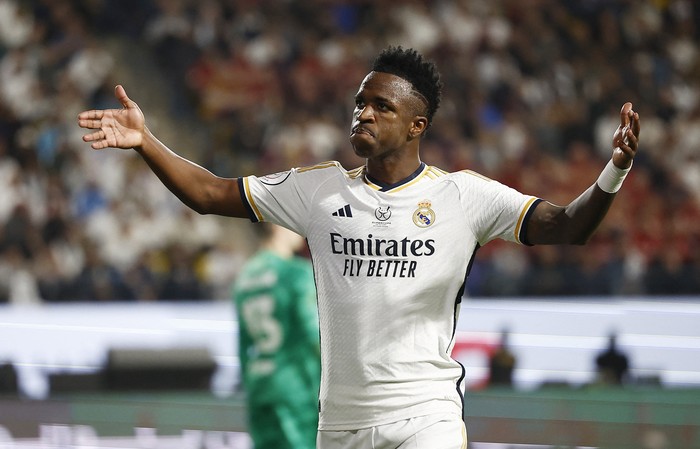 Vinicius Jr Soccer Football - Spanish Super Cup - Final - Real Madrid v FC Barcelona - Al-Awwal Stadium, Riyadh, Saudi Arabia - January 14, 2024 Real Madrids Vinicius Junior reacts REUTERS/Juan Medina