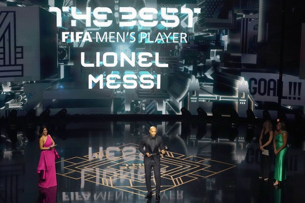 Lionel Messi Former France soccer player Thierry Henry accepts on behalf of Argentinas Lionel Messi the Best Mens Player award during the FIFA Football Awards 2023 at the Eventim Apollo in Hammersmith, London, Monday, Jan. 15, 2024. (AP Photo/Kirsty Wigglesworth)