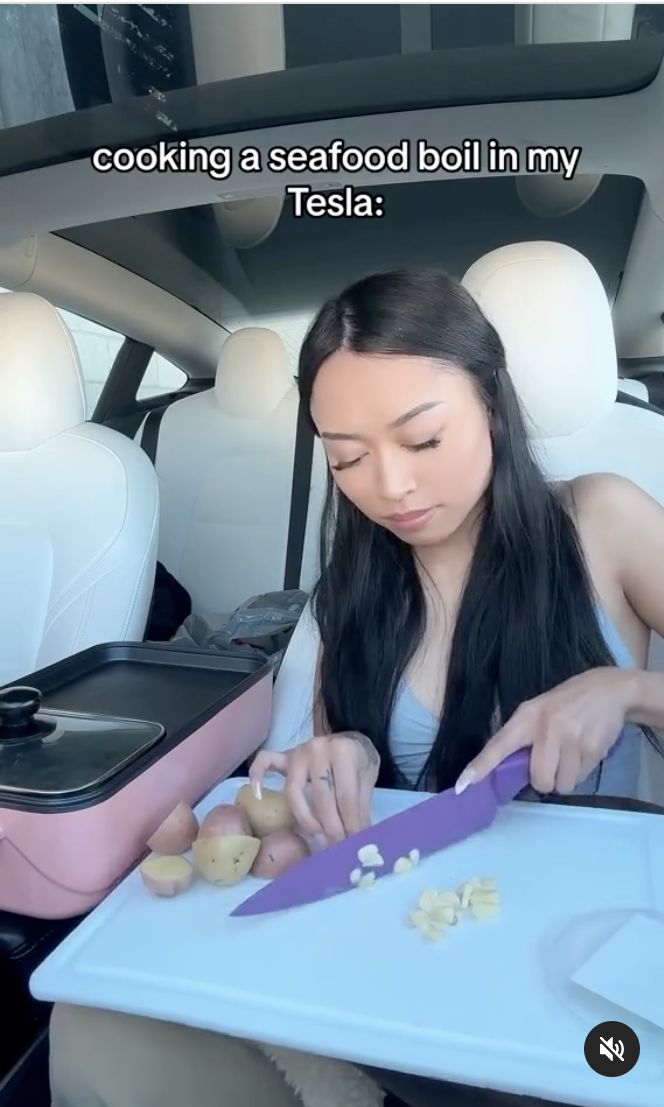 Wow! Wanita Ini Pamer Bisa Masak Seafood di Dalam Mobil Listrik