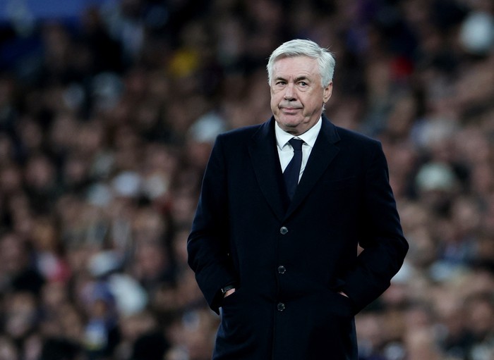 Soccer Football - LaLiga - Real Madrid v Almeria - Santiago Bernabeu, Madrid, Spain - January 21, 2024 Real Madrid coach Carlo Ancelotti reacts REUTERS/Isabel Infantes