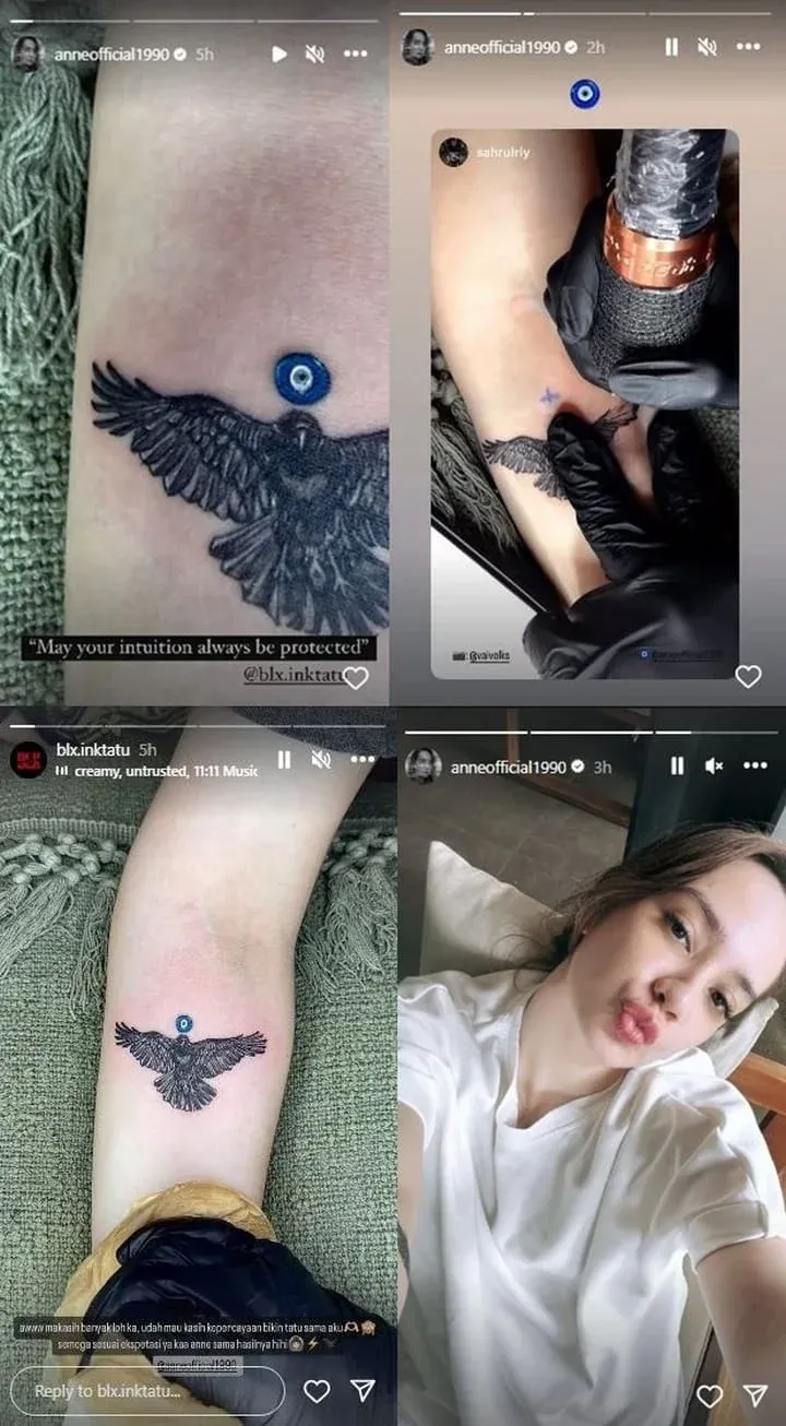 Putri Anne memamerkan tato di bagian tangan kanannya yang bergambar burung diduga elang serta evil eye alias mata setan.
