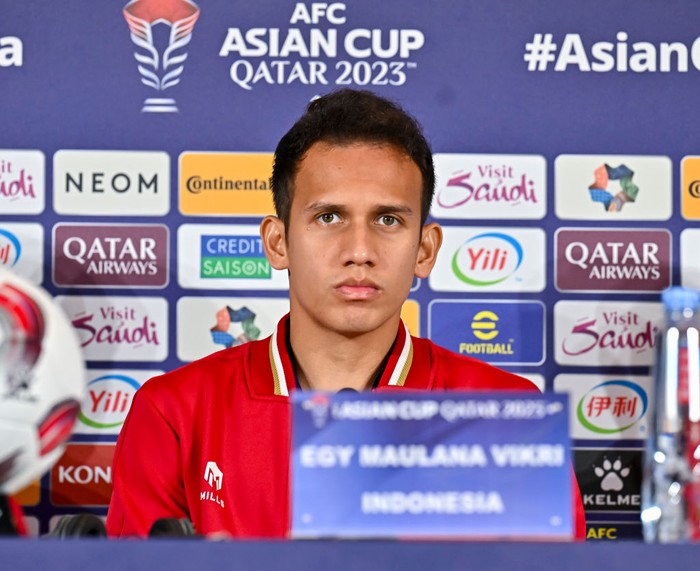 Indonesian national team player Egy Maulana Vikri is attending a press conference ahead of the AFC Asian Cup 2023 Qatar Group F match between Indonesia and Japan in Doha, Qatar, on January 23, 2023. (Photo by Noushad Thekkayil/NurPhoto via Getty Images)