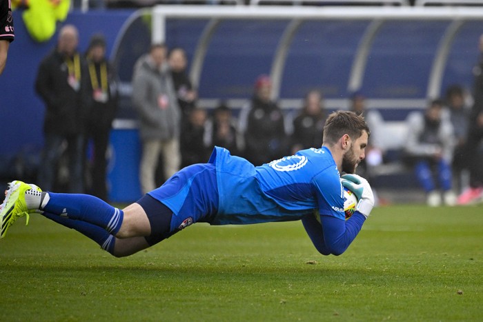 Jan 22, 2024; Dallas, TX, USA; FC Dallas goalkeeper Maarten Paes (30) makes a save on a Inter Miami shot during the first half at Cotton Bowl Stadium. Mandatory Credit: Jerome Miron-USA TODAY Sports