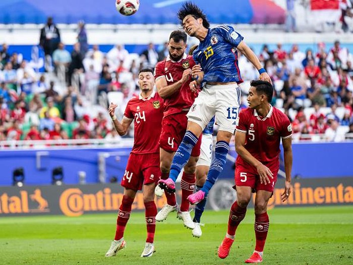DOHA, QATAR - JANUARY 24:  of Japan scores his team's second goal during the AFC Asian Cup Group D match between Japan and Indonesia at Al Thumama Stadium on January 24, 2024 in Doha, Qatar. (Photo by Markus Gilliar - GES Sportfoto/Getty Images)