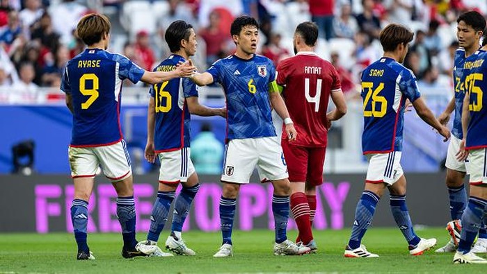 DOHA, QATAR - JANUARY 24:  of Japan scores his teams second goal during the AFC Asian Cup Group D match between Japan and Indonesia at Al Thumama Stadium on January 24, 2024 in Doha, Qatar. (Photo by Markus Gilliar - GES Sportfoto/Getty Images)