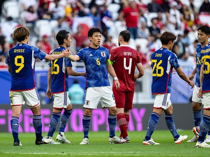 DOHA, QATAR - JANUARY 24:  of Japan scores his team's second goal during the AFC Asian Cup Group D match between Japan and Indonesia at Al Thumama Stadium on January 24, 2024 in Doha, Qatar. (Photo by Markus Gilliar - GES Sportfoto/Getty Images)