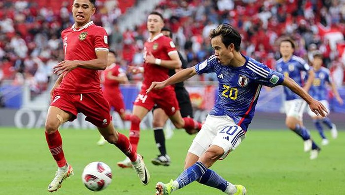 DOHA, QATAR - JANUARY 24: Takefusa Kubo of Japan shoots during the AFC Asian Cup Group D match between Japan and Indonesia at Al Thumama Stadium on January 24, 2024 in Doha, Qatar. (Photo by Lintao Zhang/Getty Images)