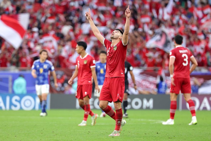 DOHA, QATAR - JANUARY 24: Sandy Walsh of Indonesia celebrates scoring his teams first goal during the AFC Asian Cup Group D match between Japan and Indonesia at Al Thumama Stadium on January 24, 2024 in Doha, Qatar. (Photo by Lintao Zhang/Getty Images)