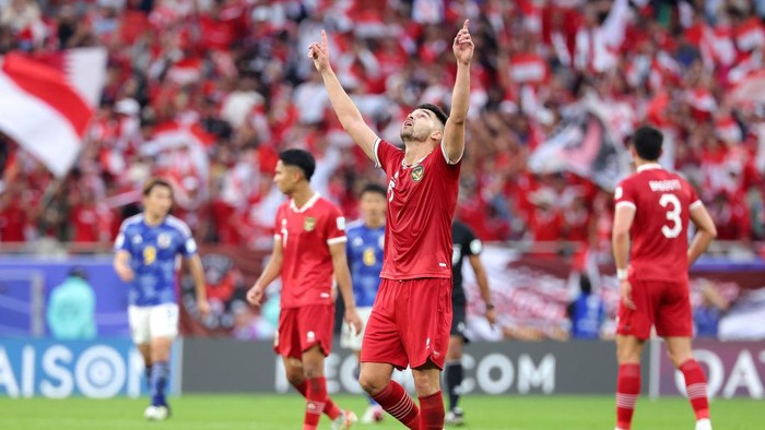 DOHA, QATAR - JANUARY 24: Sandy Walsh of Indonesia celebrates scoring his teams first goal during the AFC Asian Cup Group D match between Japan and Indonesia at Al Thumama Stadium on January 24, 2024 in Doha, Qatar. (Photo by Lintao Zhang/Getty Images)