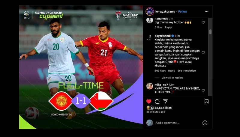 DOHA, QATAR - JANUARY 25: Players of Kyrgyzstan pose for a team photograph prior to the AFC Asian Cup Group F match between Kyrgyzstan and Oman at Abdullah Bin Khalifa Stadium on January 25, 2024 in Doha, Qatar. (Photo by Adam Nurkiewicz/Getty Images)