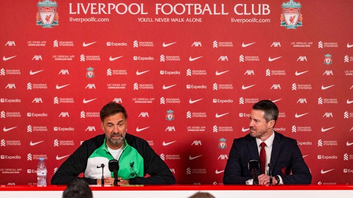 KIRKBY, ENGLAND - JANUARY 26: Jurgen Klopp and CEO Billy Hogan of Liverpool address the media at a club press conference ahead of the Emirates FA Cup tie with Norwich City at AXA Training Centre on January 26, 2024 in Kirkby, England. The club and Jurgen Klopp announced earlier in the day that he was to leave the club at end of the current season bringing an end to his successful nine year spell at the club. (Photo by Nikki Dyer - LFC/Liverpool FC via Getty Images)