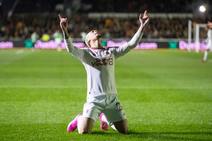 NEWPORT, WALES - JANUARY 28: Antony of Manchester United celebrates scoring during the Emirates FA Cup Fourth Round match between Newport County and Manchester United at Rodney Parade on January 20, 2024 in Newport, Wales. (Photo by Athena Pictures/Getty Images)