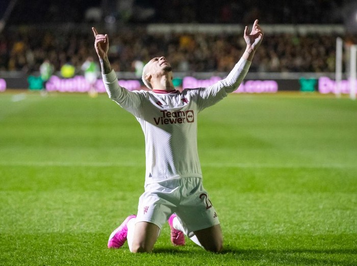 NEWPORT, WALES - JANUARY 28: Antony of Manchester United celebrates scoring during the Emirates FA Cup Fourth Round match between Newport County and Manchester United at Rodney Parade on January 20, 2024 in Newport, Wales. (Photo by Athena Pictures/Getty Images)