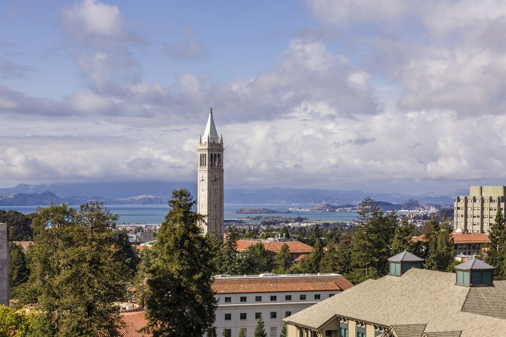 The Campanile at the University of California at Berkeley rises above the Cal campus with the San Francisco Bay in the background in November.