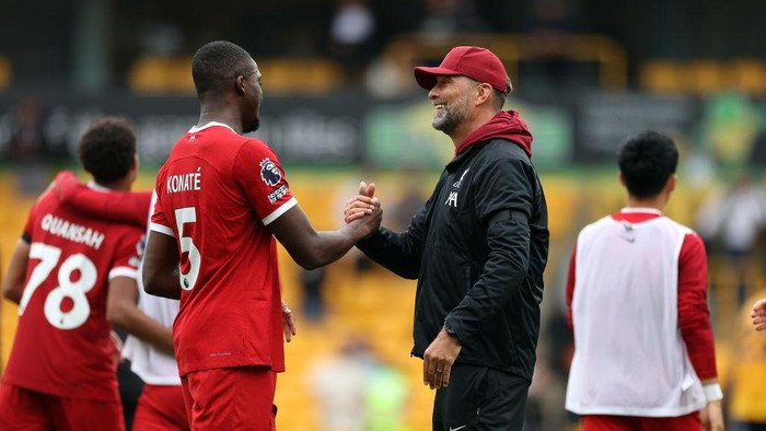 Liverpool manager Jurgen Klopp and Ibrahima Konate after the Premier League match at Molineux Stadium, Wolverhampton. Picture date: Saturday September 16, 2023. (Photo by Bradley Collyer/PA Images via Getty Images)