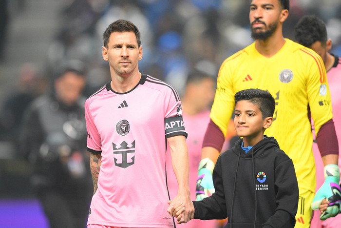 Jan 29, 2024; Riyadh, Saudi Arabia; Inter Miami forward Lionel Messi (10) takes the pitch before the match against the Al-Hilal SFC at Kingdom Arena. Mandatory Credit: Victor Fraile Rodriguez-USA TODAY Sports