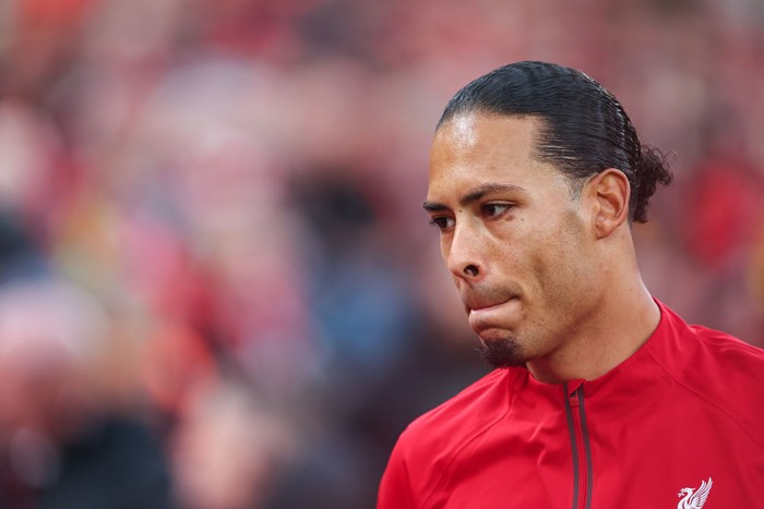 LIVERPOOL, ENGLAND - JANUARY 28: Virgil van Dijk of Liverpool during the Emirates FA Cup Fourth Round match between Liverpool and Norwich City at Anfield on January 28, 2024 in Liverpool, England. (Photo by Robbie Jay Barratt - AMA/Getty Images)