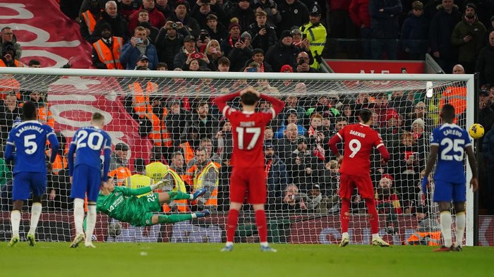Liverpools Darwin Nunez hits the post with his penalty kick during the Premier League match at Anfield, Liverpool. Picture date: Wednesday January 31, 2024. (Photo by Peter Byrne/PA Images via Getty Images)