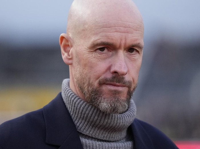 Manchester Uniteds head coach Erik ten Hag, looks at the field before the FA Cup fourth round soccer match between Newport County and Manchester United at the Rodney Parade stadium in Newport, Wales, Sunday, Jan. 28, 2024. (AP Photo/Alastair Grant)