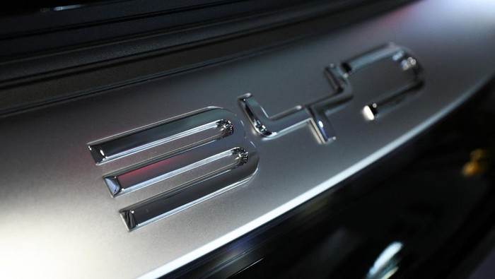 GERMANY-AUTOS/BYD The logo of the BYD Auto company is seen on a BYD HAN electric vehicle during a BYD store opening at the car dealership Sternauto in Berlin, Germany January 31, 2024. REUTERS/Annegret Hilse