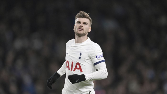 Tottenhams Timo Werner during the English FA Cup fourth round soccer match between Tottenham Hotspur and Manchester City in London, Friday, Jan. 26, 2024. (AP Photo/Dave Shopland)