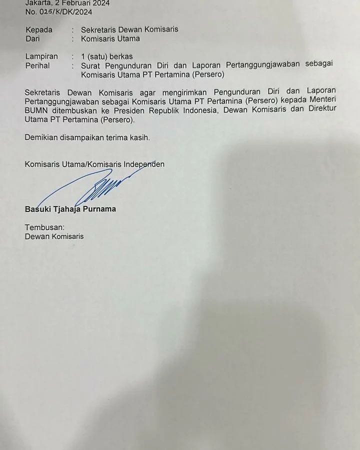 Basuki Tjahaja Purnama mengundurkan diri sebagai Komisaris Utama PT Pertamina. Basuki Tjahaja Purnama mengundurkan diri sebagai Komisaris Utama PT Pertamina. (Instagram @basukibtp)