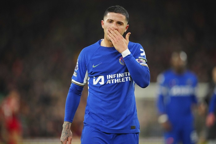 Chelseas Enzo Fernandez gestures at the end of the English Premier League soccer match between Liverpool and Chelsea, at Anfield Stadium, Liverpool, England, Wednesday, Jan.31, 2024. (AP Photo/Jon Super)