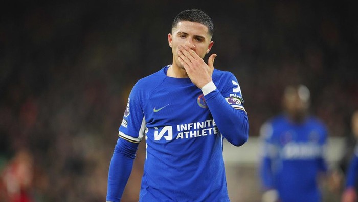 Chelseas Enzo Fernandez gestures at the end of the English Premier League soccer match between Liverpool and Chelsea, at Anfield Stadium, Liverpool, England, Wednesday, Jan.31, 2024. (AP Photo/Jon Super)