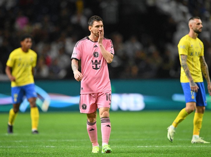 Feb 1, 2024; Riyadh, Saudi Arabia; Inter Miami CF forward Lionel Messi (10) reacts after a play against Al-Nassr during the second half at Kingdom Arena. Mandatory Credit: Victor Fraile-USA TODAY Sports