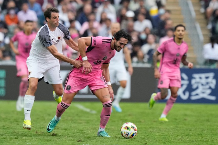 HONG KONG, CHINA - FEBRUARY 4: Diego Gomez of Inter Miami competes for the ball during the preseason friendly match between Hong Kong Team and Inter Miami at Hong Kong Stadium on February 4, 2024 in Hong Kong, China. (Photo by Fred Lee/Getty Images)