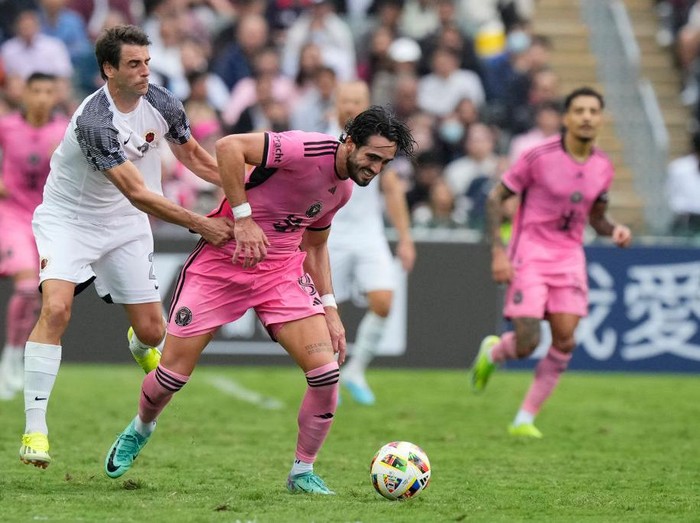 HONG KONG, CHINA - FEBRUARY 4: Diego Gomez of Inter Miami competes for the ball during the preseason friendly match between Hong Kong Team and Inter Miami at Hong Kong Stadium on February 4, 2024 in Hong Kong, China. (Photo by Fred Lee/Getty Images)