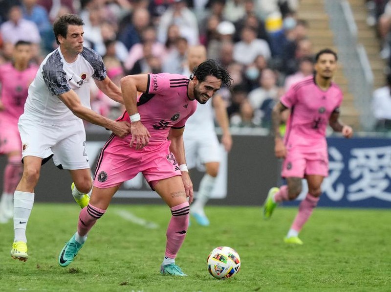 HONG KONG, CHINA - FEBRUARY 4: Diego Gomez of Inter Miami competes for the ball during the preseason friendly match between Hong Kong Team and Inter Miami at Hong Kong Stadium on February 4, 2024 in Hong Kong, China. (Photo by Fred Lee/Getty Images)