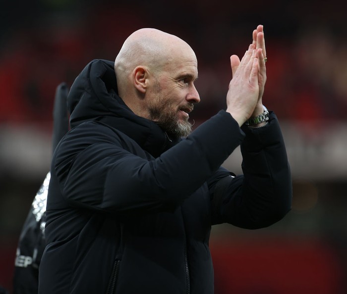 MANCHESTER, ENGLAND - FEBRUARY 04: Manager Erik ten Hag of Manchester United walks off after the Premier League match between Manchester United and West Ham United at Old Trafford on February 04, 2024 in Manchester, England. (Photo by Matthew Peters/Manchester United via Getty Images)