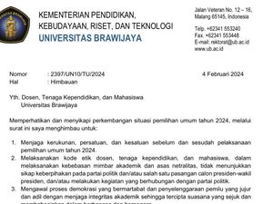 Rektor UB Keluarkan Imbauan Jaga Netralitas Jelang Pemilu Rektor UB Keluarkan Imbauan Jaga Netralitas Jelang Pemilu