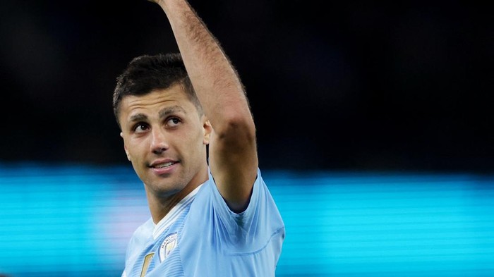 Soccer Football - Premier League - Manchester City v Burnley - Etihad Stadium, Manchester, Britain - January 31, 2024 Manchester Citys Rodri celebrates scoring their third goal REUTERS/Phil Noble NO USE WITH UNAUTHORIZED AUDIO, VIDEO, DATA, FIXTURE LISTS, CLUB/LEAGUE LOGOS OR LIVE SERVICES. ONLINE IN-MATCH USE LIMITED TO 45 IMAGES, NO VIDEO EMULATION. NO USE IN BETTING, GAMES OR SINGLE CLUB/LEAGUE/PLAYER PUBLICATIONS.