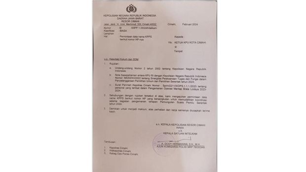 Beredar surat dari kepolisian Polres Cimahi, yang ditujukan ke Komisi Pemilihan Umum (KPU) Kota Cimahi. Dalam surat permohonan itu, pihak kepolisian meminta data nama-nama kelompok penyelenggara pemungutan suara (KPPS).