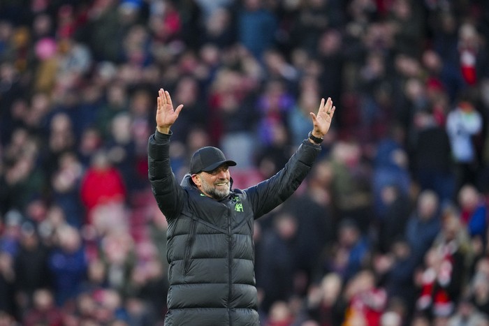 Liverpools manager Jurgen Klopp celebrates at the end of the English Premier League soccer match between Liverpool and Burnley, at Anfield stadium in Liverpool, England, Saturday, Feb. 10, 2024. (AP Photo/Jon Super)