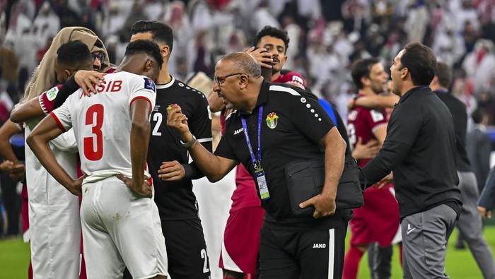 Players from Jordan are looking dejected after losing the AFC Asian Cup 2023 final match between Jordan and Qatar at Lusail Stadium in Lusail, Qatar, on February 10, 2024. (Photo by Noushad Thekkayil/NurPhoto via Getty Images)
