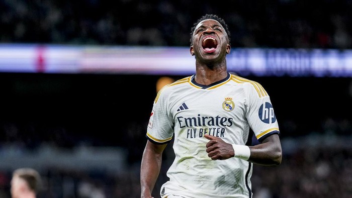 Real Madrids Vinicius Junior reacts during a Spanish La Liga soccer match between Real Madrid and Girona at the Santiago Bernabeu stadium in Madrid, Spain, Saturday, Feb. 10, 2024. (AP Photo/Manu Fernandez)