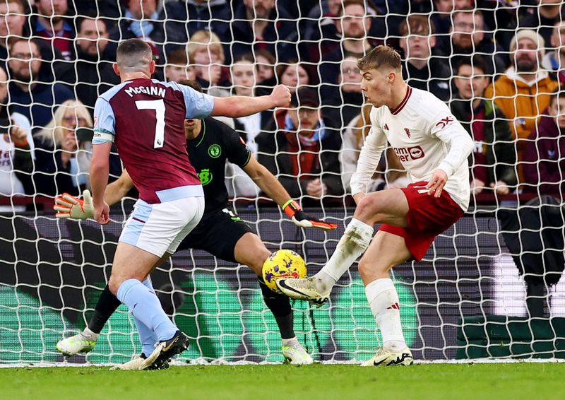 Soccer Football - Premier League - Aston Villa v Manchester United - Villa Park, Birmingham, Britain - February 11, 2024 Manchester United's Rasmus Hojlund celebrates scoring their first goal with Alejandro Garnacho Action Images via Reuters/Jason Cairnduff NO USE WITH UNAUTHORIZED AUDIO, VIDEO, DATA, FIXTURE LISTS, CLUB/LEAGUE LOGOS OR 'LIVE' SERVICES. ONLINE IN-MATCH USE LIMITED TO 45 IMAGES, NO VIDEO EMULATION. NO USE IN BETTING, GAMES OR SINGLE CLUB/LEAGUE/PLAYER PUBLICATIONS.