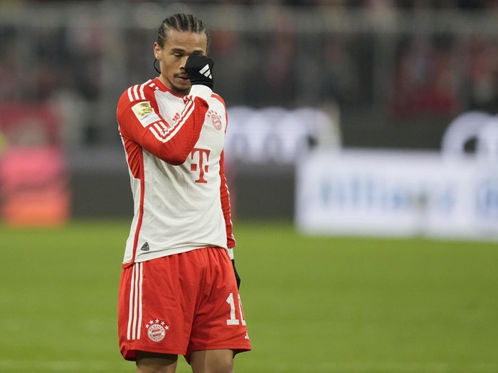 Bayern's Leroy Sane reacts during the German Bundesliga soccer match between Bayern Munich and Werder Bremen at the Allianz Arena stadium in Munich, Germany, Sunday, Jan. 21, 2024. (AP Photo/Matthias Schrader)