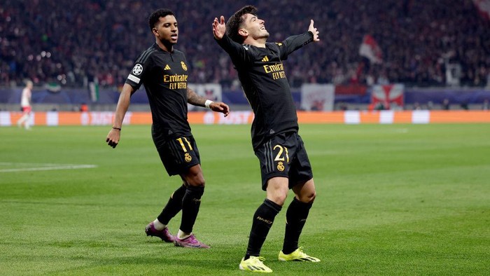 Brahim Diaz LEIPZIG, GERMANY - FEBRUARY 13: Brahim Diaz of Real Madrid celebrates 0-1 during the UEFA Champions League match between RB Leipzig v Real Madrid at the Red Bull Arena on February 13, 2024 in Leipzig Germany (Photo by David S. Bustamante/Soccrates/Getty Images)