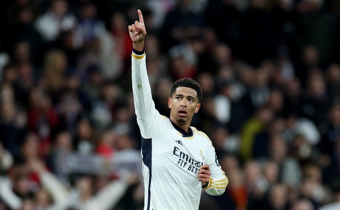 Soccer Football - LaLiga - Real Madrid v Girona - Santiago Bernabeu, Madrid, Spain - February 10, 2024 Real Madrids Jude Bellingham celebrates scoring their third goal REUTERS/Isabel Infantes