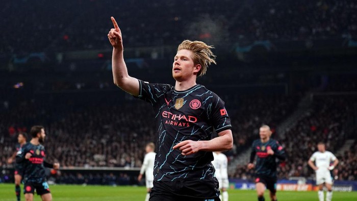 Manchester Citys Kevin De Bruyne celebrates scoring their sides first goal of the game during the UEFA Champions League round of 16, first leg match at the Parken Stadium, Copenhagen, Denmark. Picture date: Tuesday February 13, 2024. (Photo by Zac Goodwin/PA Images via Getty Images)