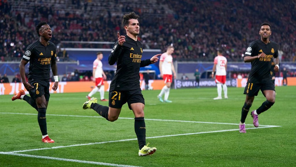 Brahim Diaz usai bikin gol di laga RB Leipzig vs Real Madrid. Foto: Getty Images/Mateo Villalba