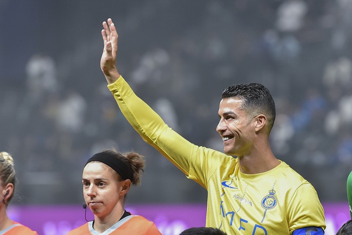 Cristiano Ronaldo Al Nassr's Cristiano Ronaldo greets his fans during Riyadh Season Cup 2024 final match at Kingdom Arena Stadium in Riyadh, Saudi Arabia, Thursday, Feb. 8, 2024. (AP Photo)