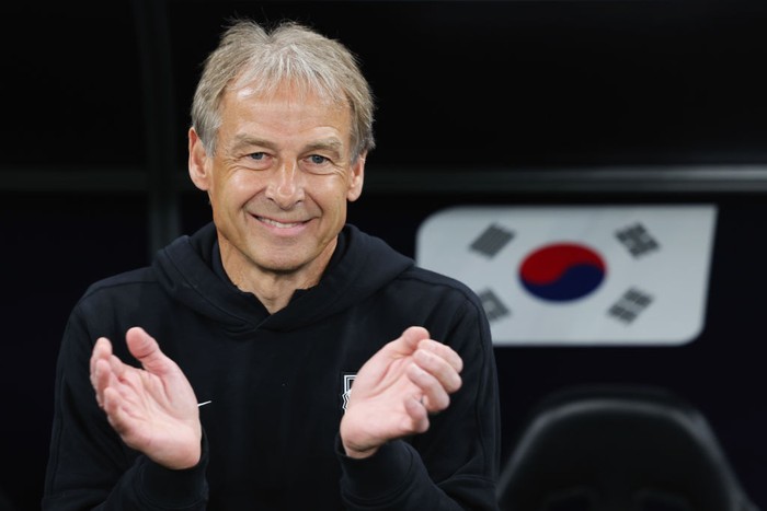 DOHA, QATAR - FEBRUARY 06: Jurgen Klinsmann, Manager of South Korea looks on during the AFC Asian Cup semi final match between Jordan and South Korea at Ahmad Bin Ali Stadium on February 06, 2024 in Doha, Qatar. (Photo by Lintao Zhang/Getty Images)